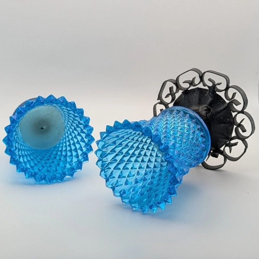 Homco Blue Diamond Point Votive Candle Holders Set of 2 + A Cast Iron Base